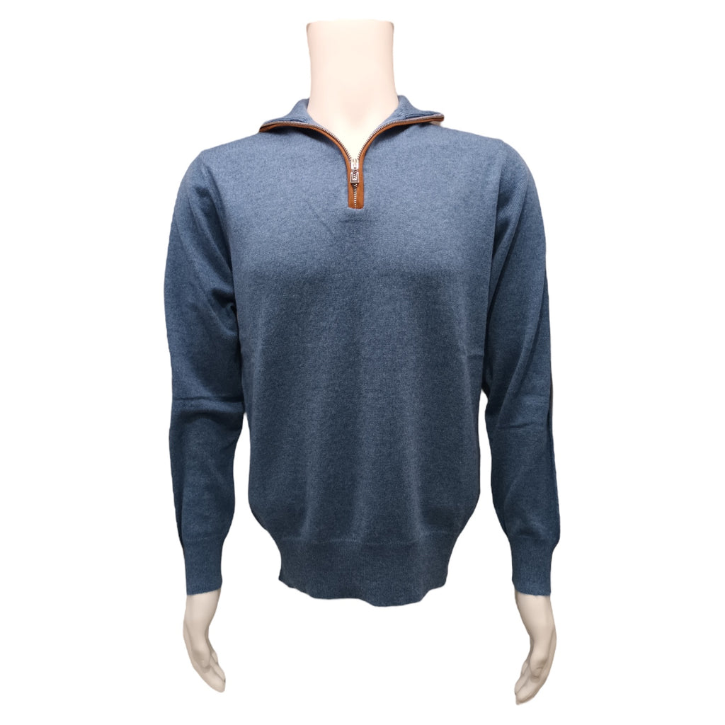 Half Zip With Leather Trim in Steel Blue