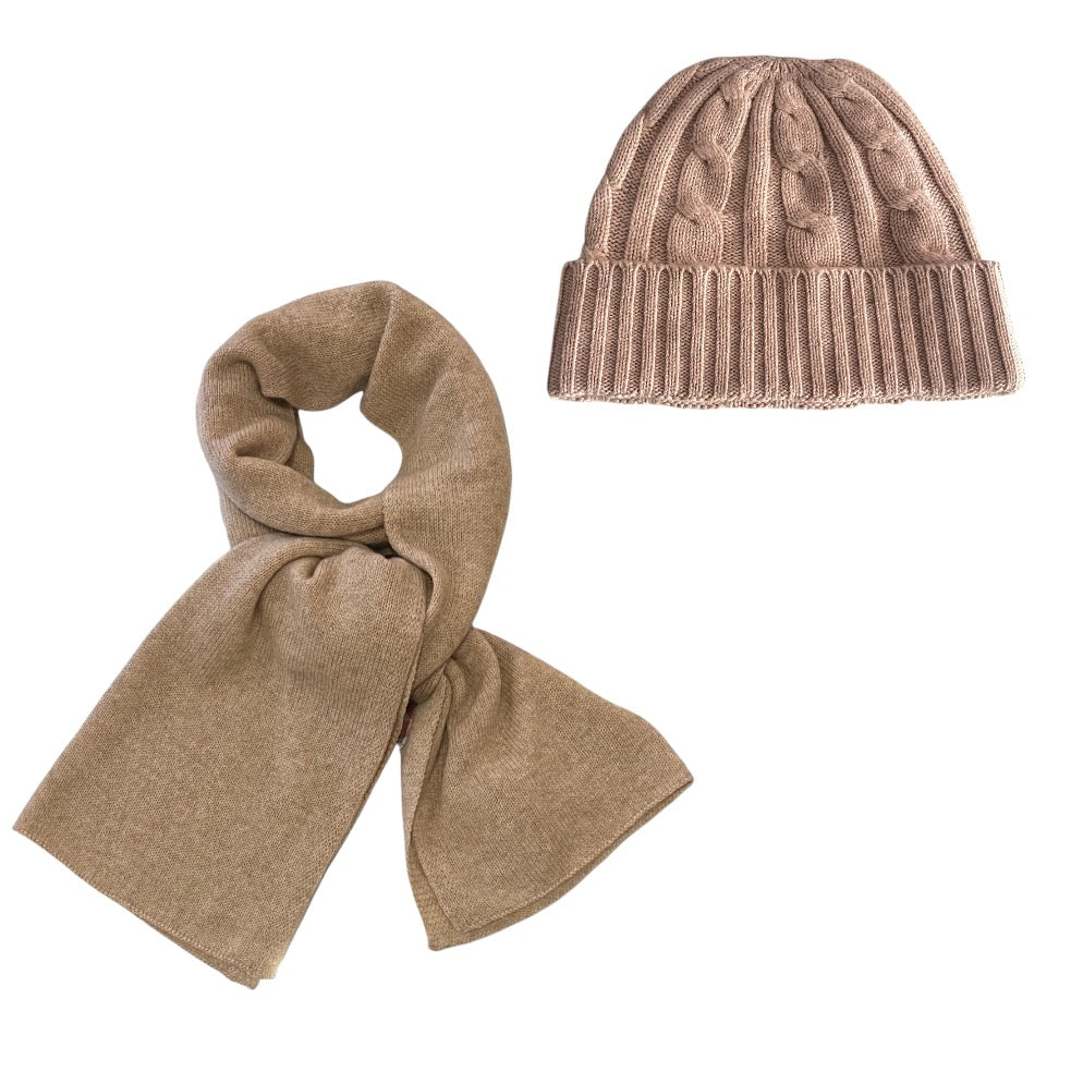 100% Cashmere Beanie and Scarf in Beige