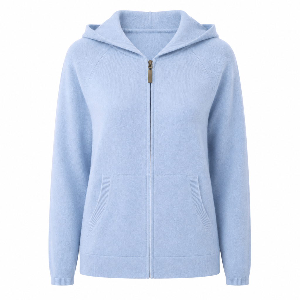 Soft Baby Blue Cashmere Hoodie with Full Zip and Hip Pockets by Kenmare Cashmere
