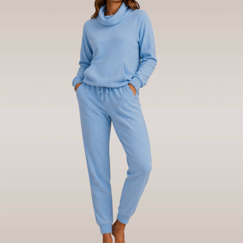 Baby Blue 100% Pure Cashmere Joggers and 100% Pure Cashmere Cowl Neck with Pouch by Kenmare Cashmere