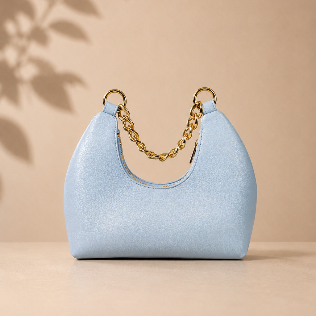 Baby Blue Dollar Leather Half Moon Shoulder Bag with Gold Chain Handle by Kenmare Cashmere