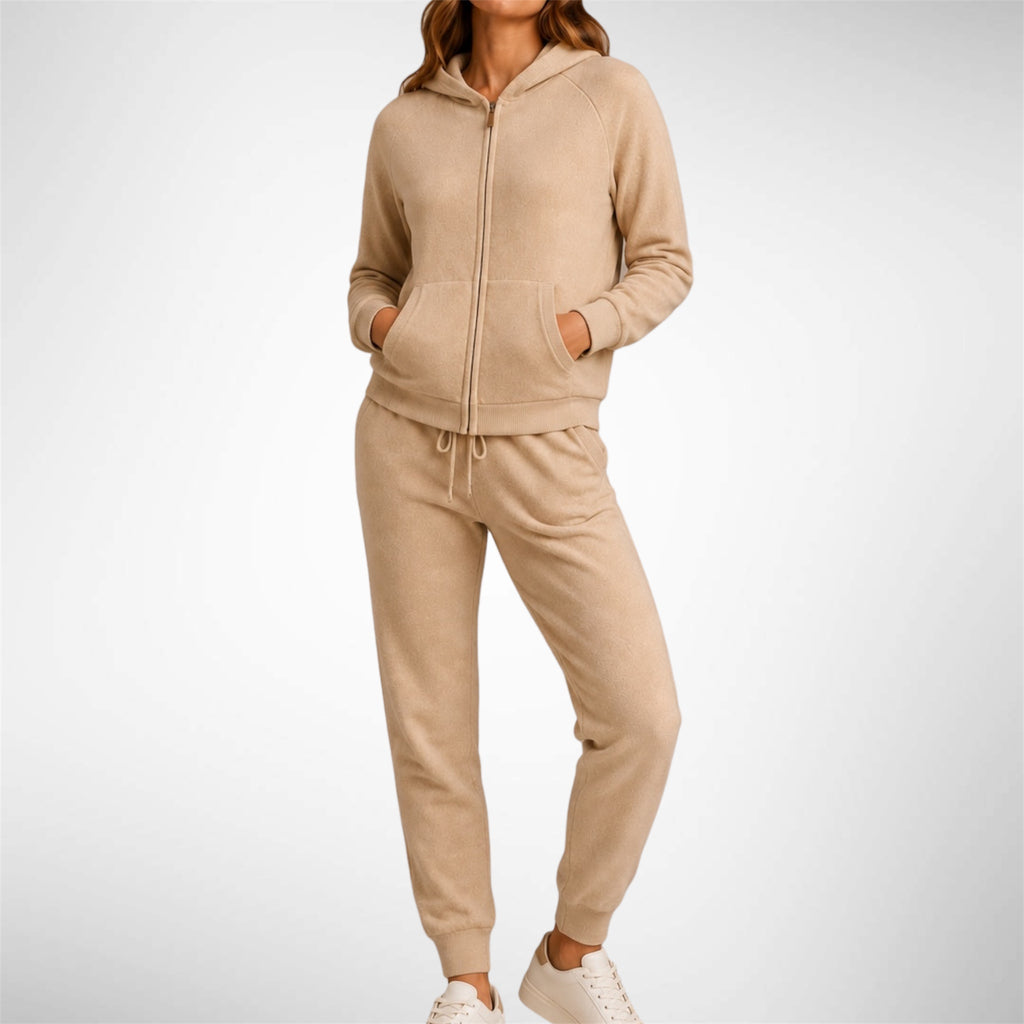Beige 100% Pure Cashmere Hoodie and 100% Pure Cashmere Joggers by Kenmare Cashmere