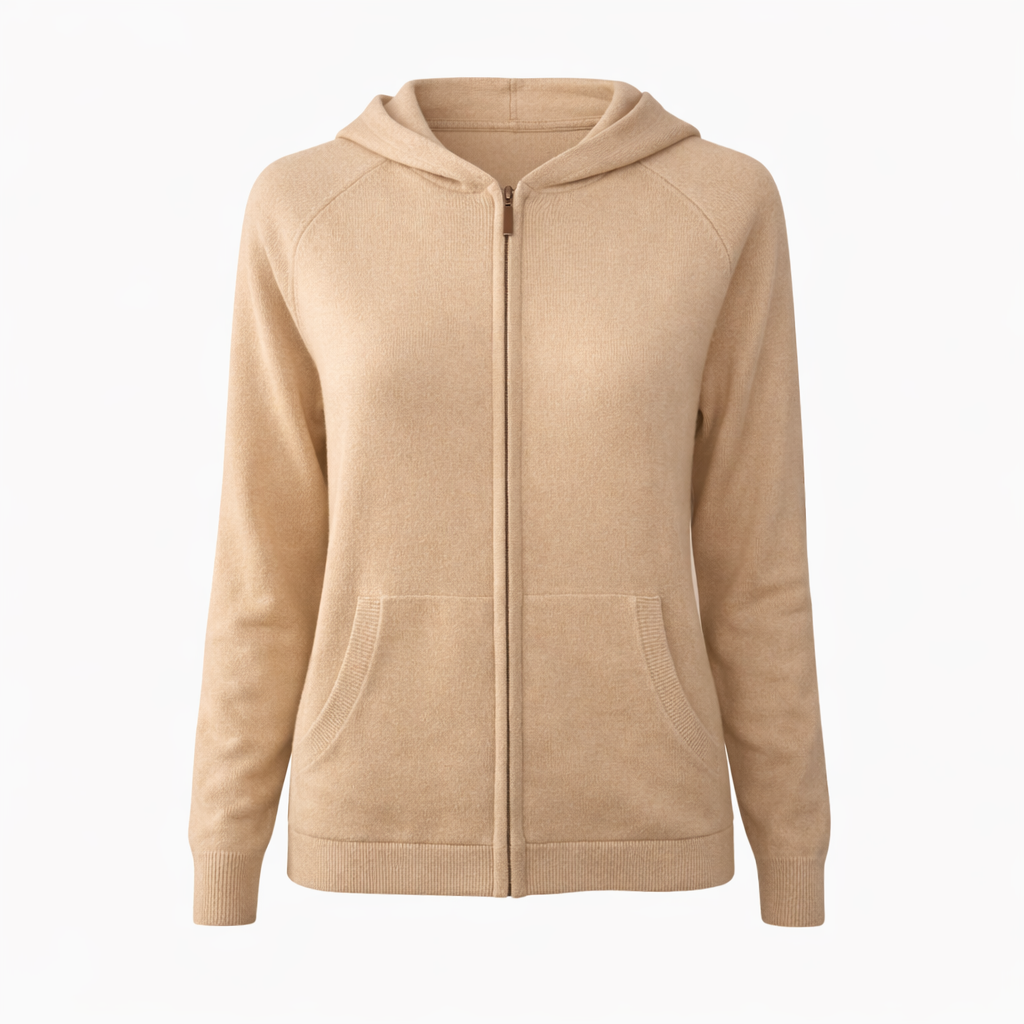 Soft Beige 100% Pure Cashmere Full Zip Hoodie by Kenmare Cashmere