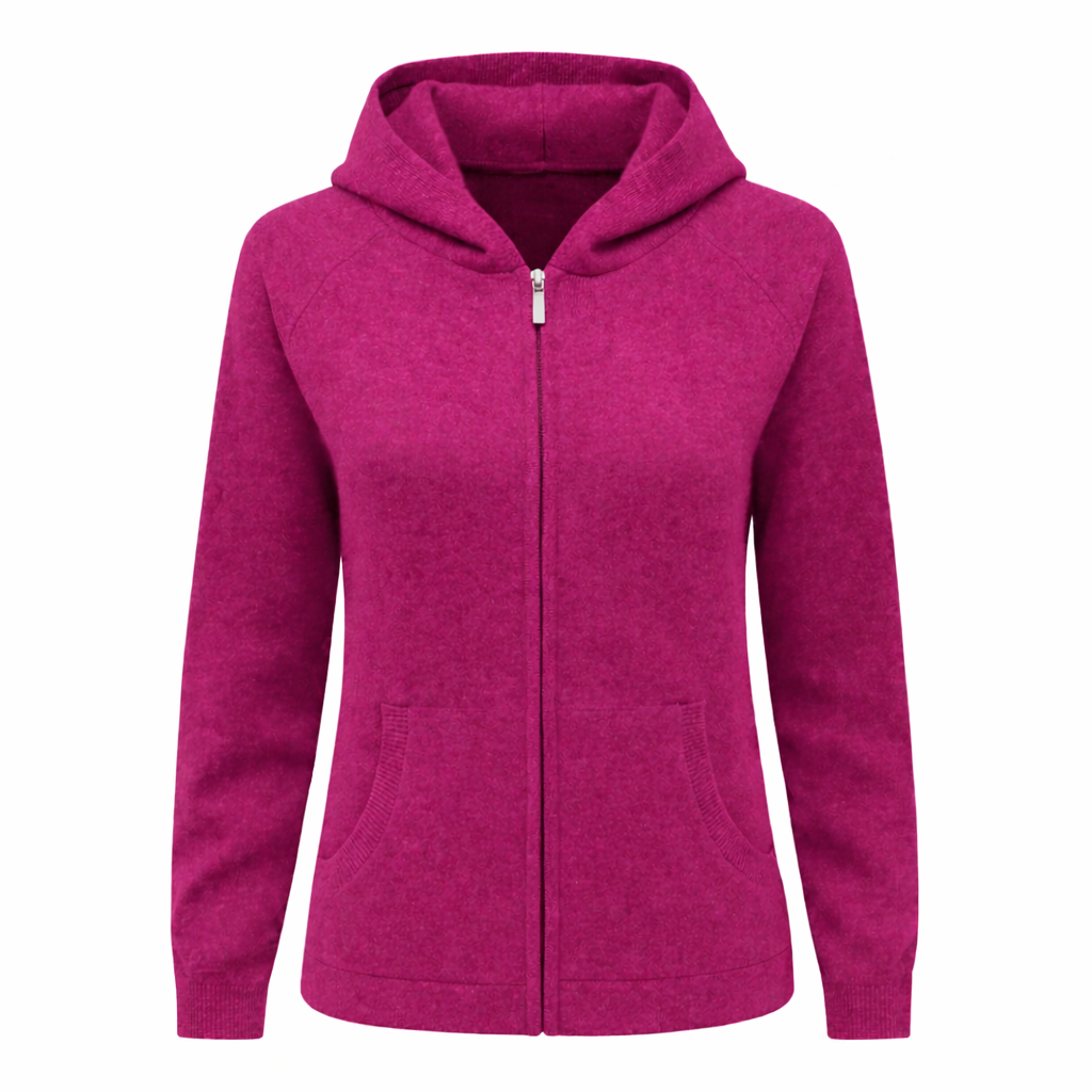 Rich Loganberry Pink 100% Pure Cashmere Full Zip Hoodie with Patch Pockets by Kenmare Cashmere