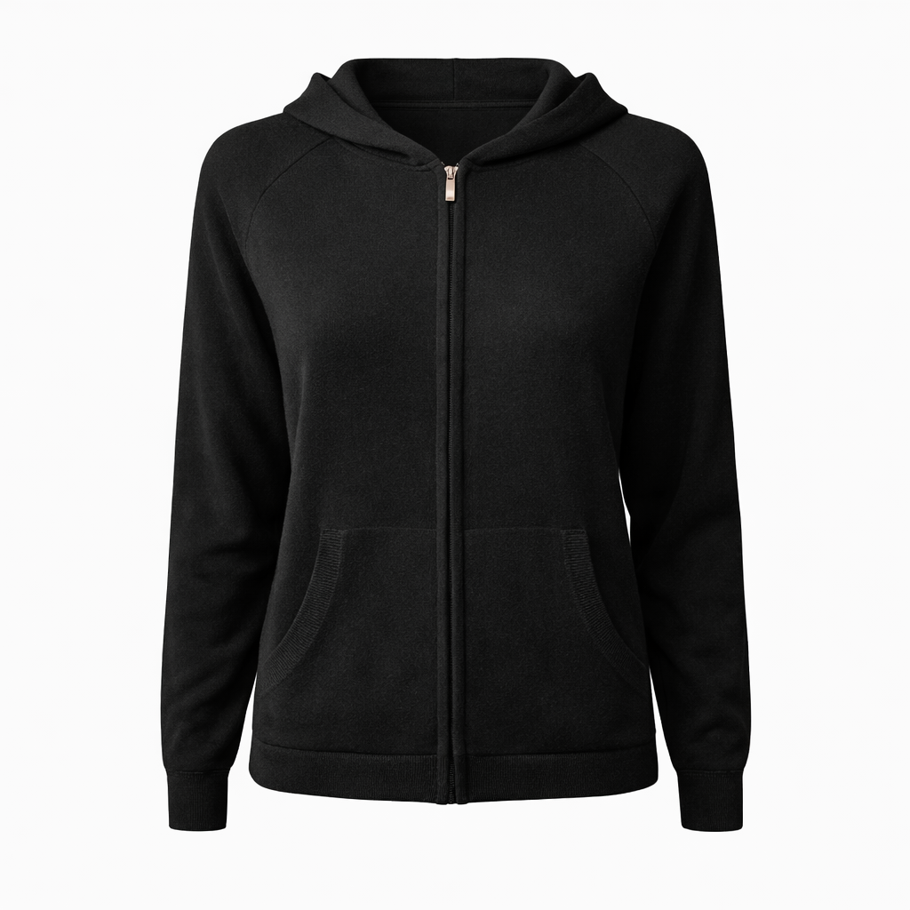 Black 100% Pure Cashmere Full Zip Hoodie with Patch Pockets by Kenmare Cashmere