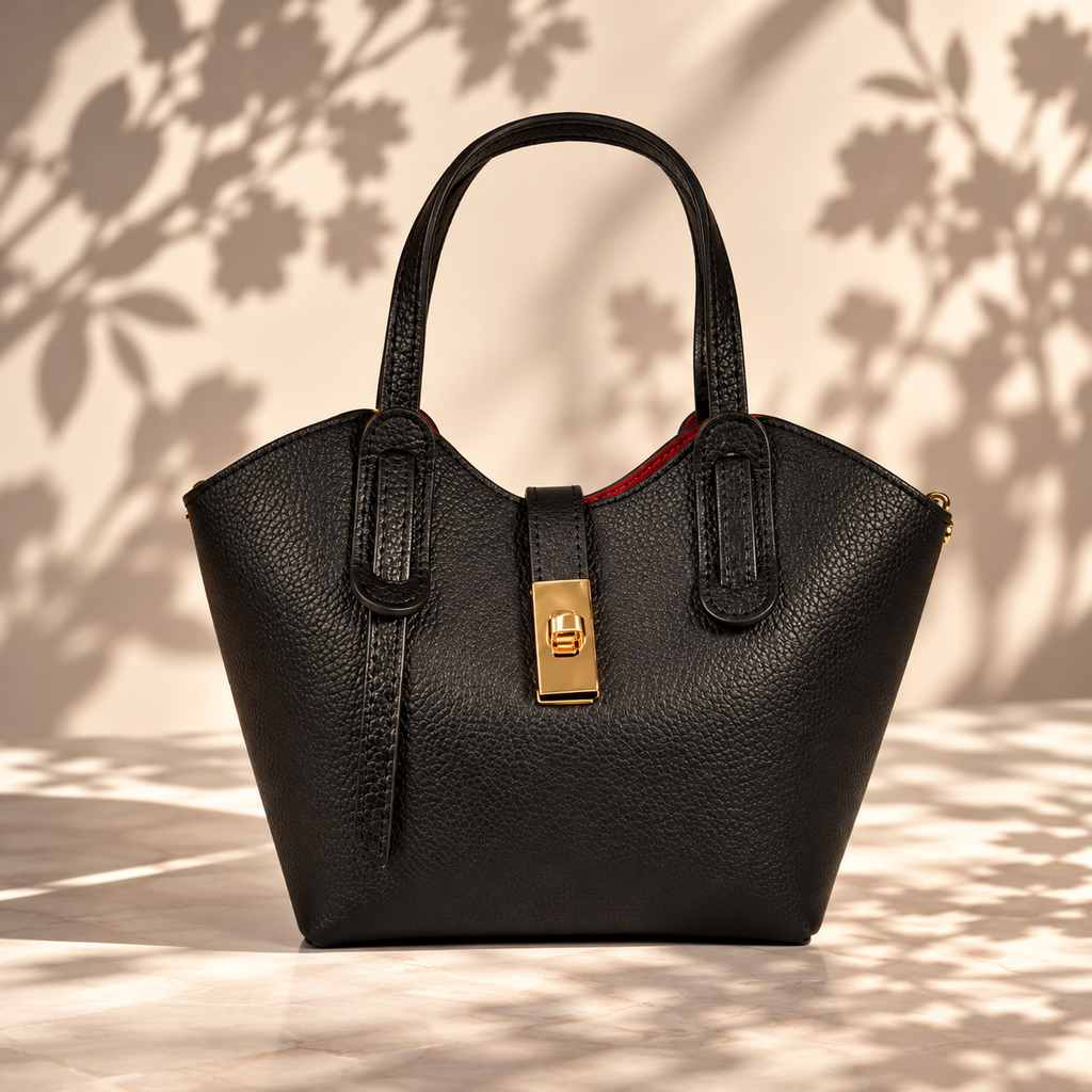 A black dollar leather handbag with double top handles and a gold-tone turn-lock clasp, photographed against a warm beige wall with leafy shadows cast across it.