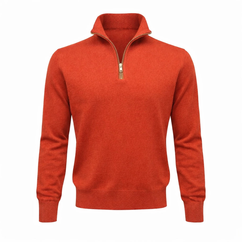 Burnt Orange 100% Pure Cashmere Half Zip Sweater with Tan Genuine Italian Leather Trim by Kenmare Cashmere