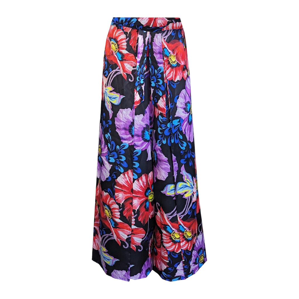 Colourful floral-patterned silk pants on a white background
