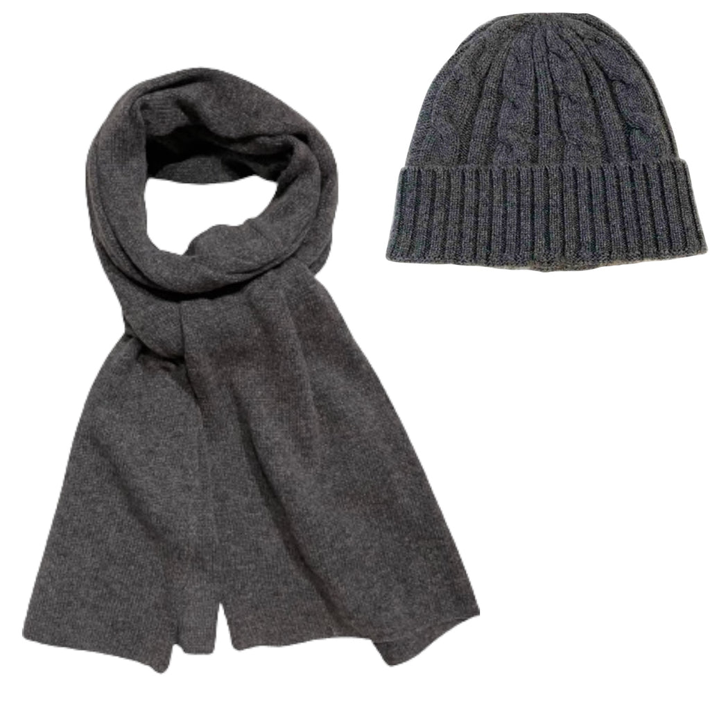 100% Cashmere Beanie and Scarf in Charcoal