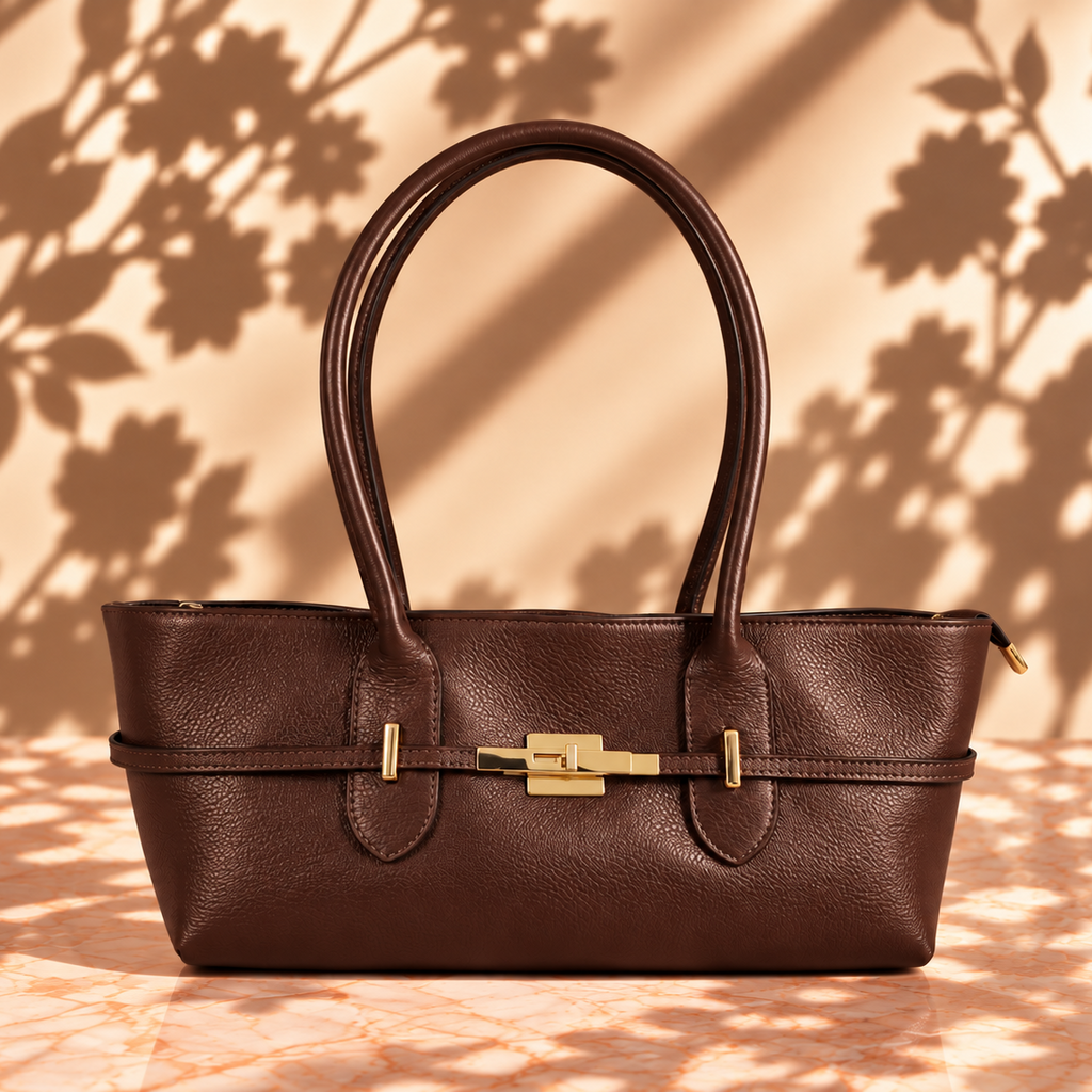 A dark brown textured leather handbag with double top handles and a gold-tone front clasp, set against a warm beige background with leaf shadows.