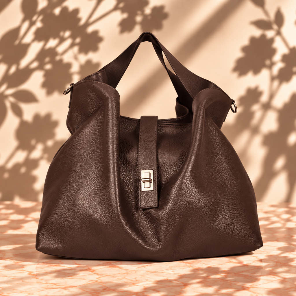 A dark brown pebbled leather slouchy handbag with a front strap and gold buckle, set against a warm beige background with leaf shadows.