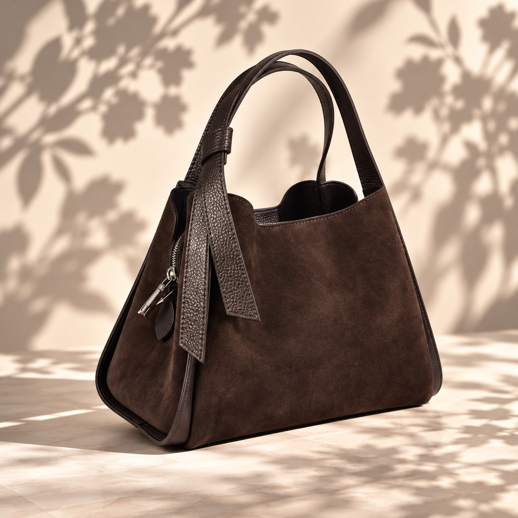 A chocolate brown suede handbag with textured leather handles and a decorative hanging strap, styled on a beige surface with leaf shadows cast across it.