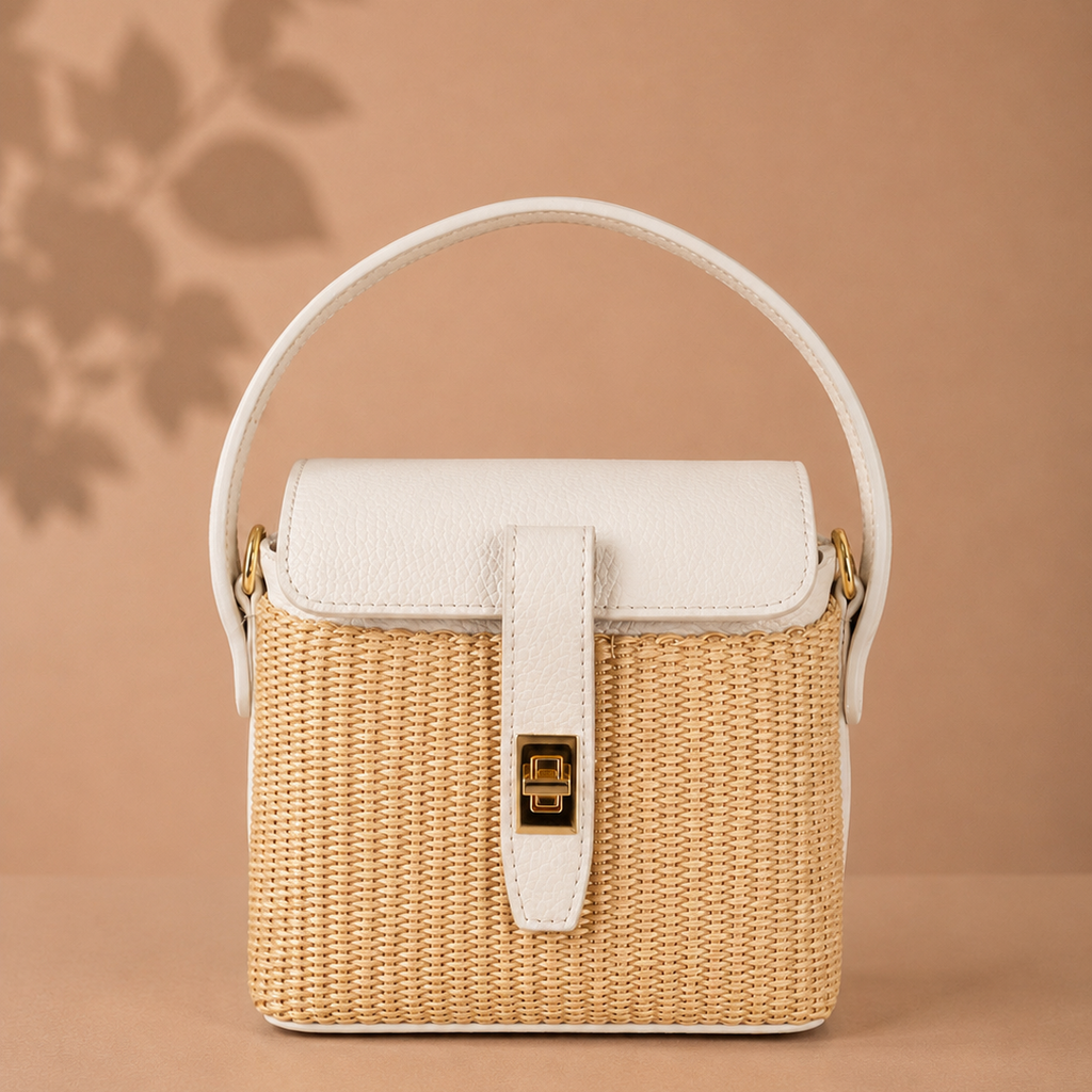 Cream Raffia and Dollar Leather Bucket Bag Kenmare Cashmere