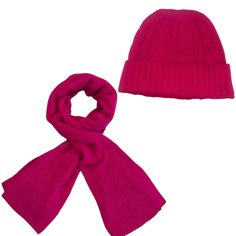 100% Cashmere Beanie and Scarf in Cerise