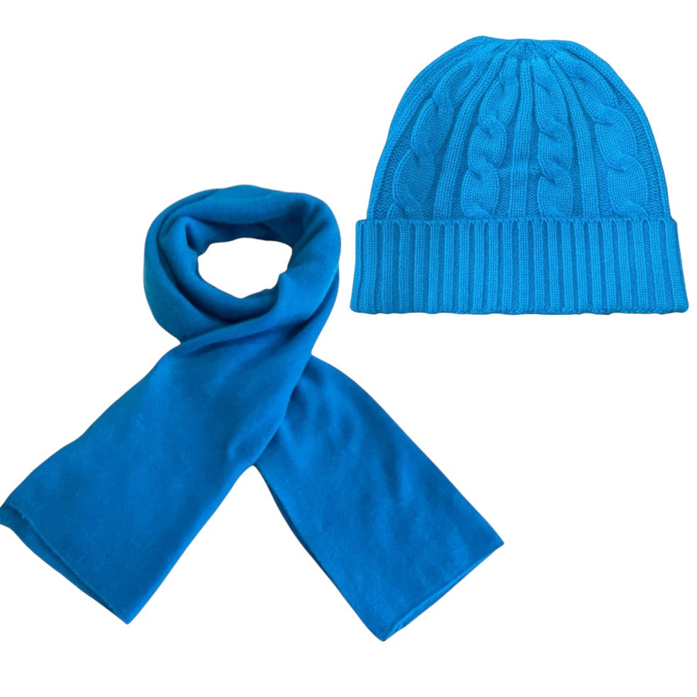 100% Cashmere Beanie and Scarf in Cerulean