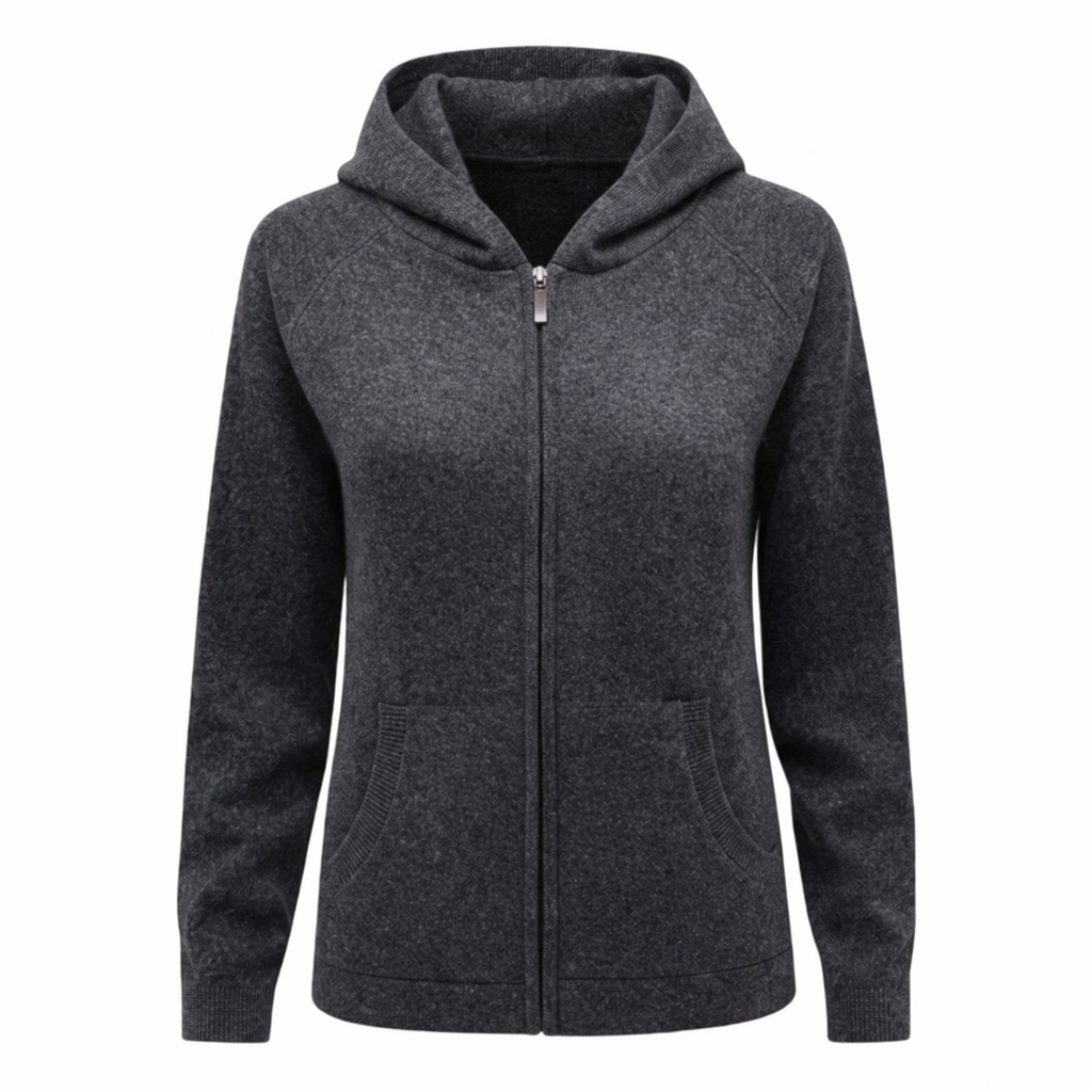Charcoal Grey 100% Pure Cashmere Full Zip Hoodie with Patch Pockets by Kenmare Cashmere