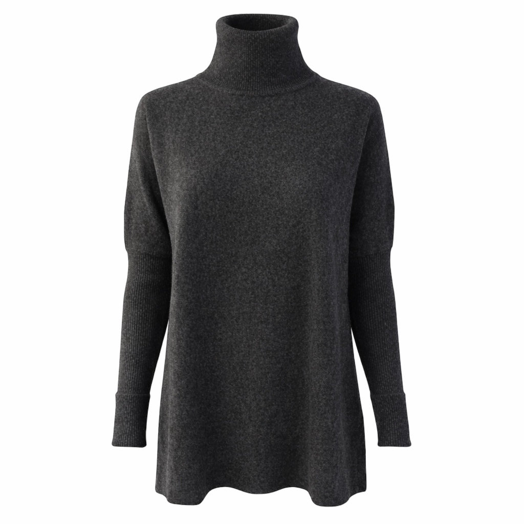 Deep Charcoal Grey Roll Neck 100% Pure Cashmere Tunic with Side Slits by Kenmare Cashmere