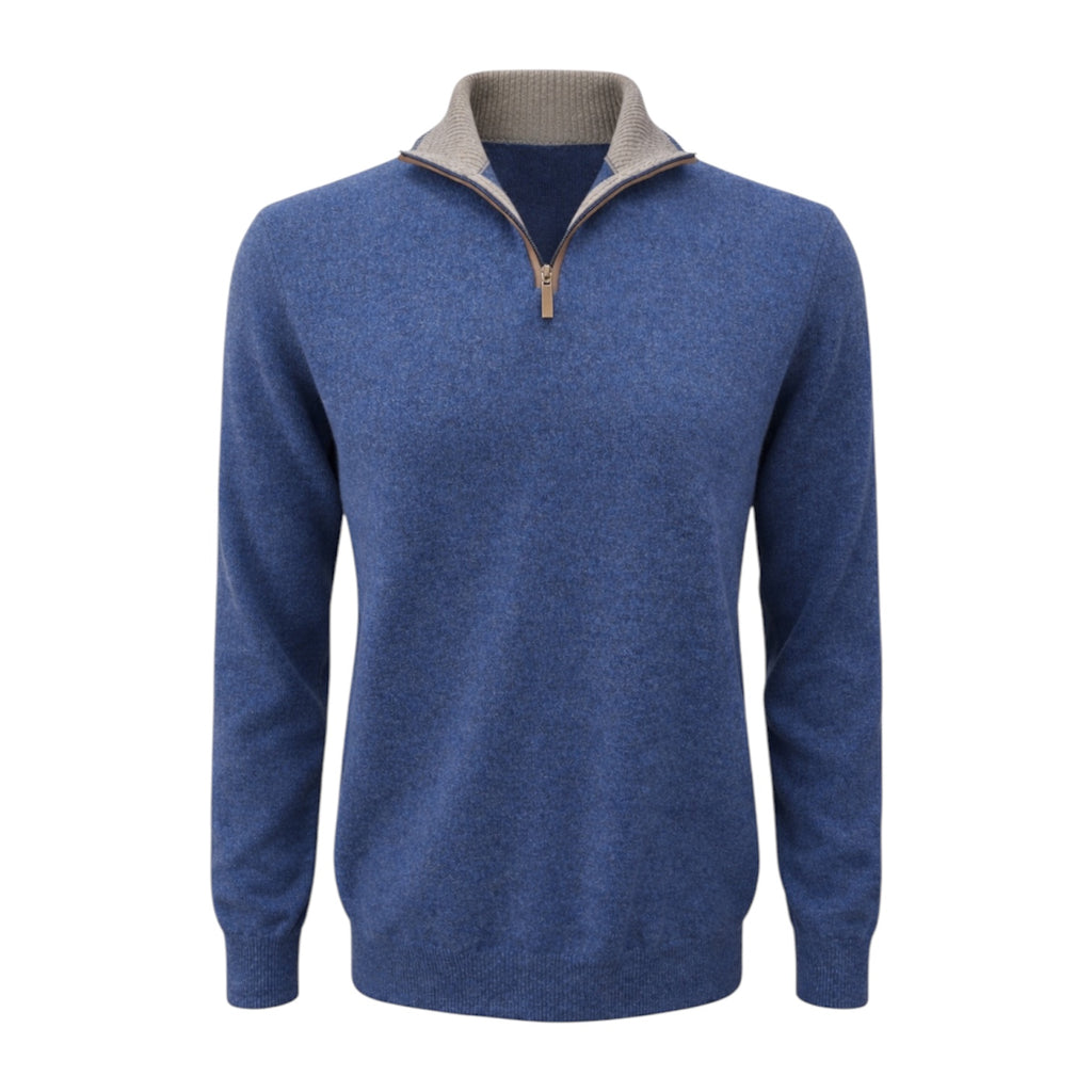 Mens Denim Blue 100% Pure Cashmere Half Zip Sweater with Leather Trim by Kenmare Cashmere