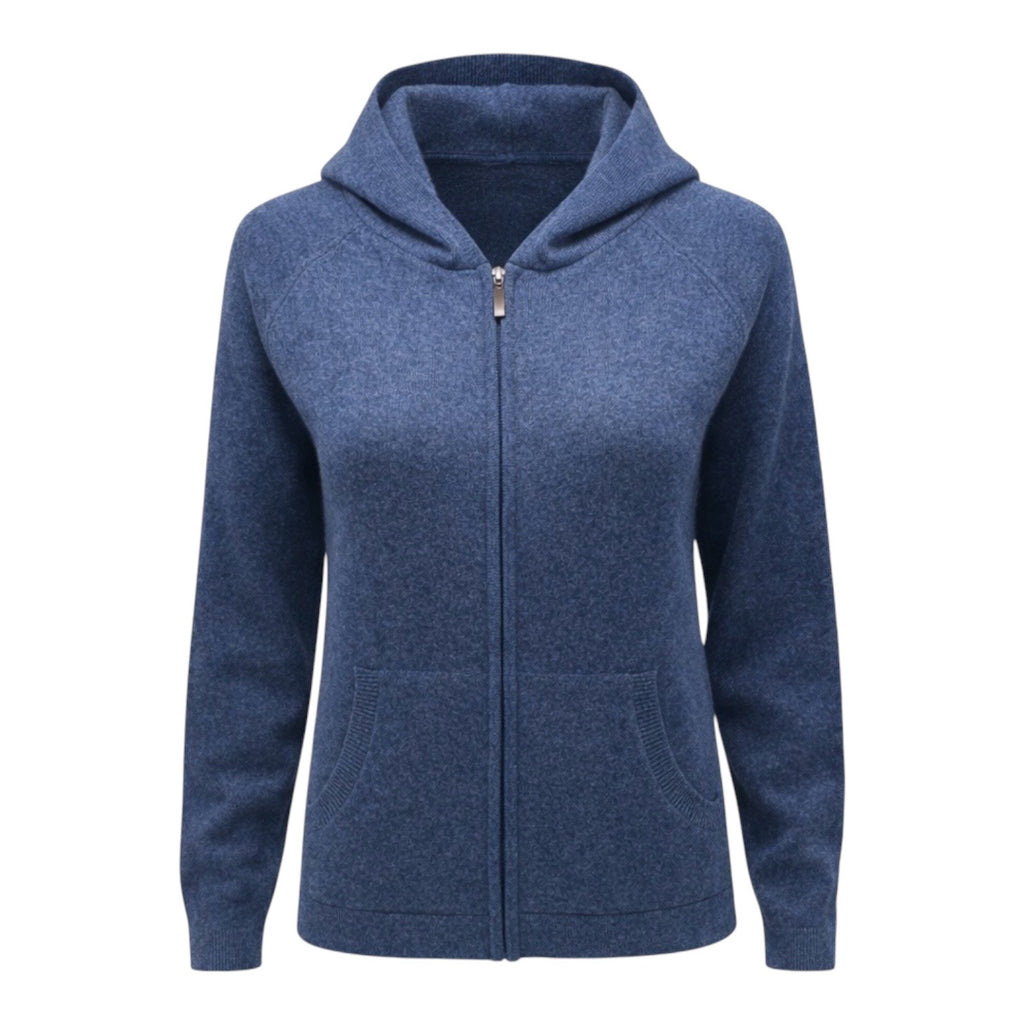 Denim Blue 100% Pure Cashmere Full Zip Hoodie with Patch Pockets by Kenmare Cashmere