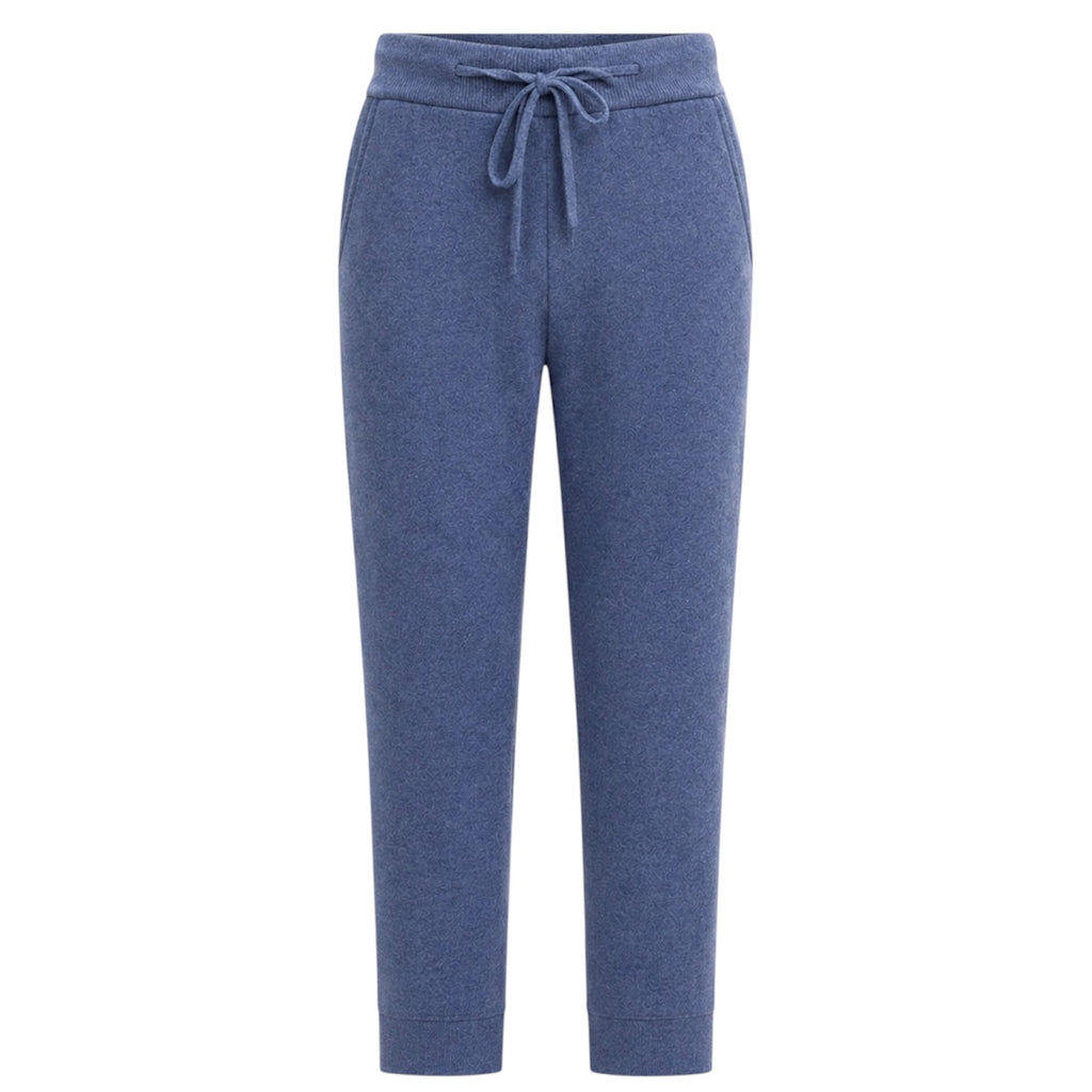 Denim Blue 100% Pure Cashmere Joggers with Ribbed Cuff and Drawstring Waist by Kenmare Cashmere