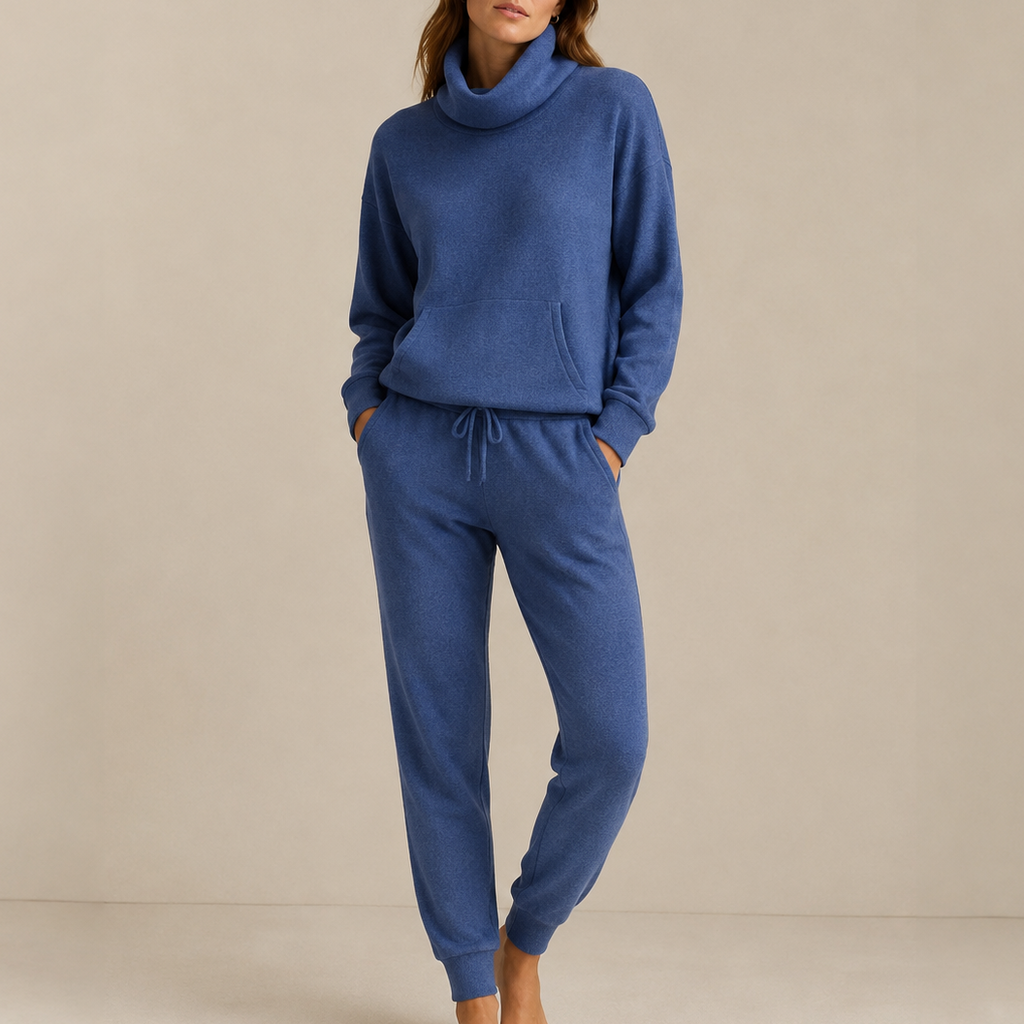 Denim Blue 100% Pure Cashmere Joggers and 100% Pure Cashmere Cowl Neck with Pouch by Kenmare Cashmere
