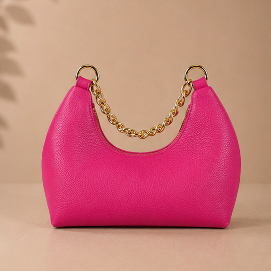 Fuchsia Dollar Leather Half Moon Shoulder Bag with Gold Chain Handle by Kenmare Cashmere