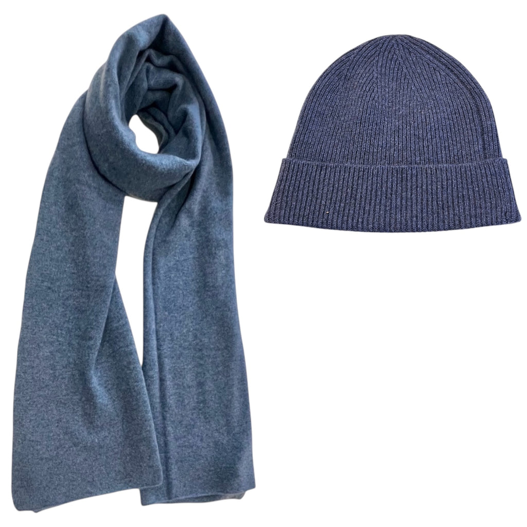100% Cashmere Travel Wrap & Beanie in Denim Blue