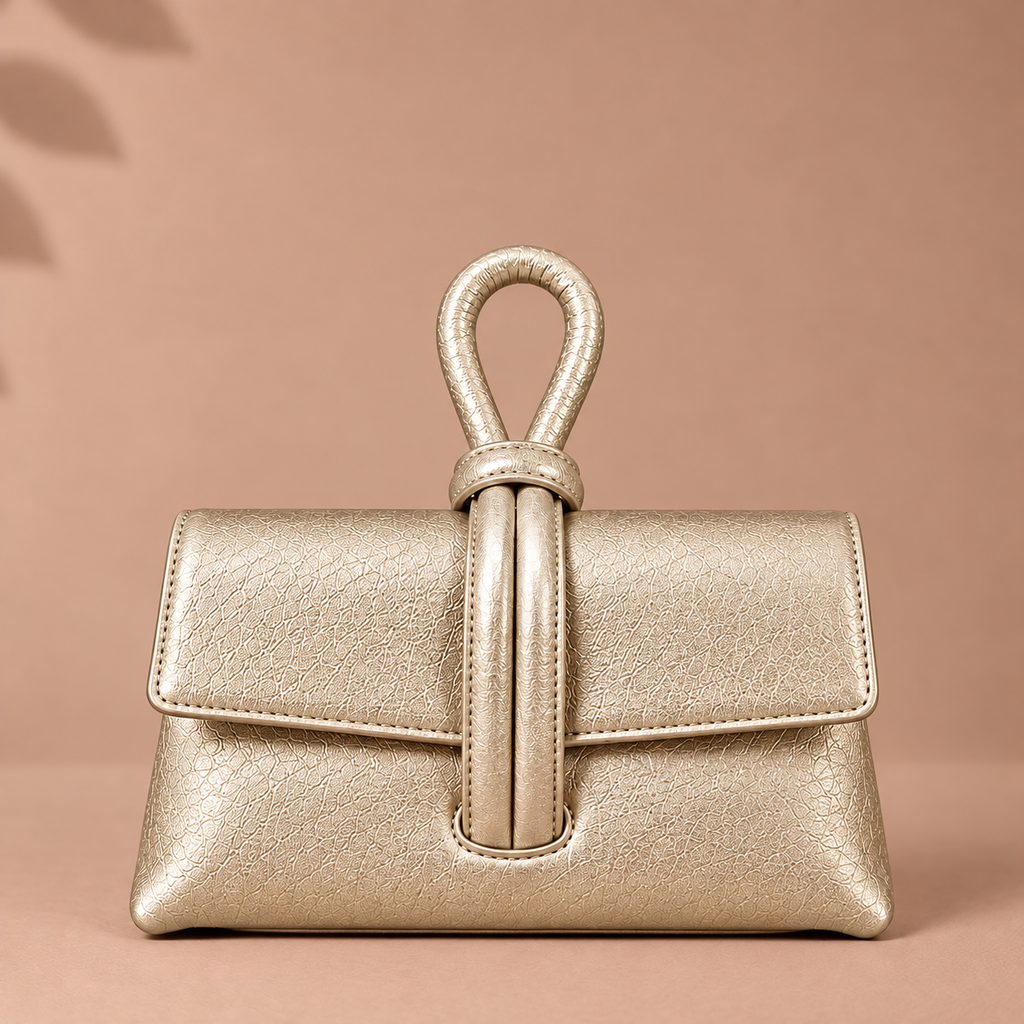 A metallic champagne-gold structured clutch bag with a unique knotted top handle, set against a solid warm beige background.