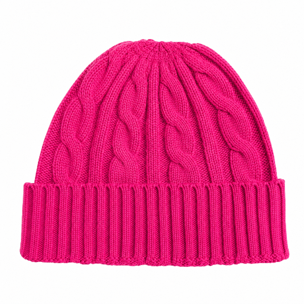 Hot Pink 100% Pure Cashmere Cable Knit Beanie by Kenmare Cashmere