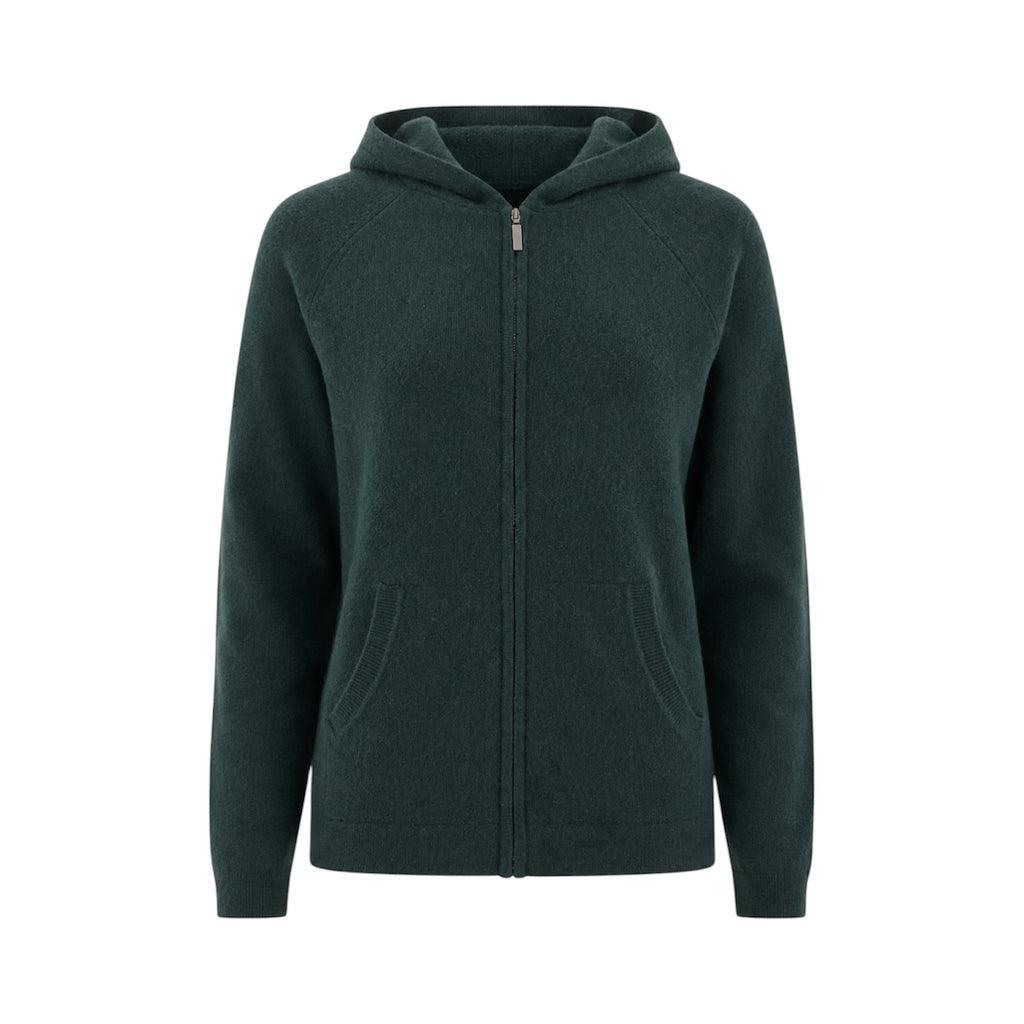 Dark Green 100% Pure Cashmere Hoodie with Full Zip and Pockets by Kenmare Cashmere