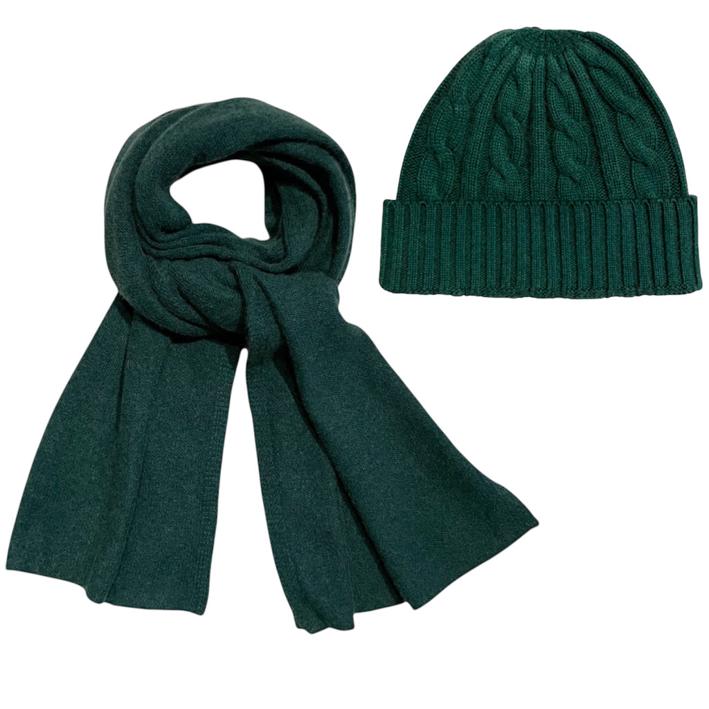 100% Cashmere Beanie and Scarf in Forest Green