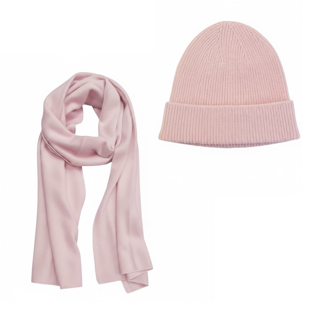 100% Cashmere Travel Wrap & Beanie in Baby Pink