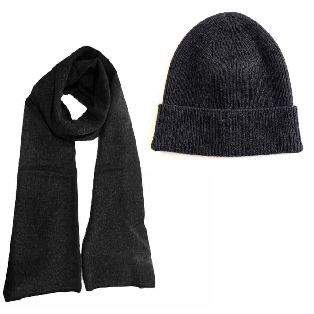 100% Cashmere Travel Wrap & Beanie in Charcoal Grey