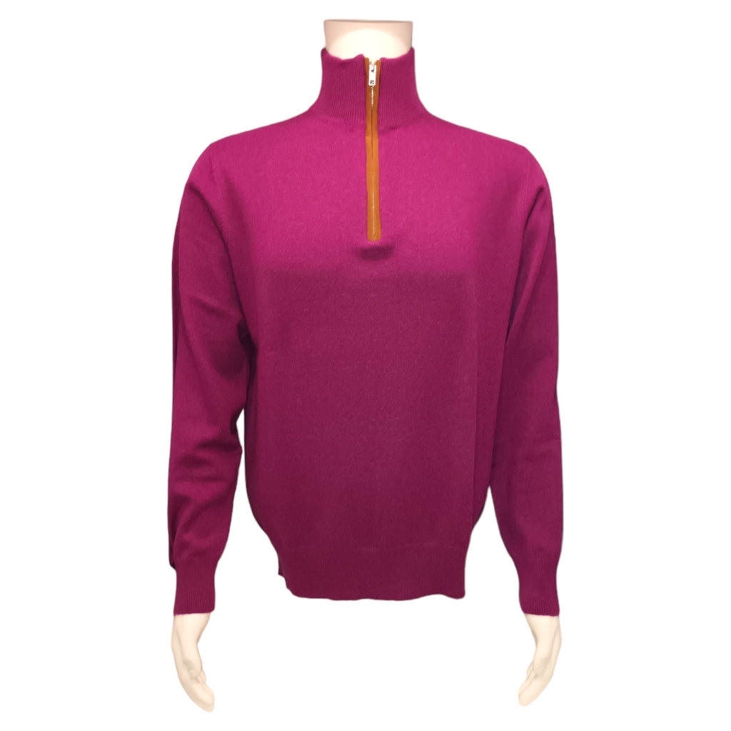 Half Zip with Leather Trim in Raspberry