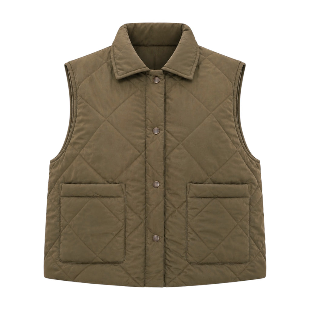 Khaki Puffer Gilet with Snap Buttons by Kenmare Cashmere