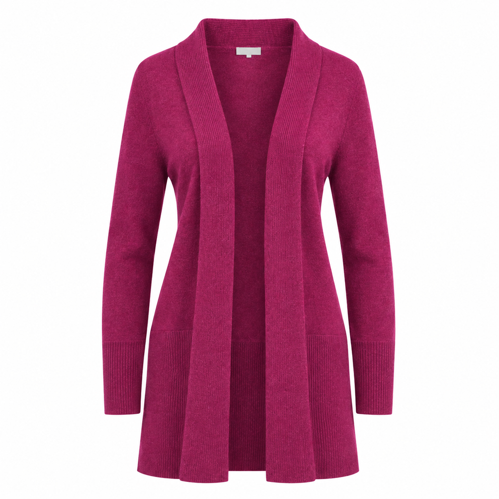 A women's open-front cashmere cardigan sweater in a rich Loganberry  colour, shown against a plain white background.