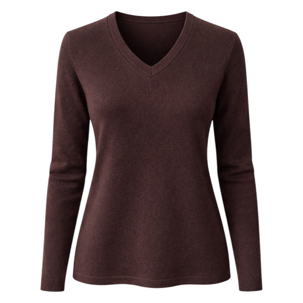Ladies Dark Brown Long Sleeve 100% Pure Cashmere V Neck Sweater by Kenmare Cashmere