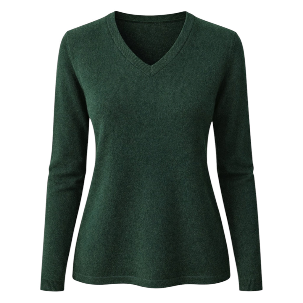 Ladies Forest Green Long Sleeve 100% Pure Cashmere V Neck Sweater by Kenmare Cashmere