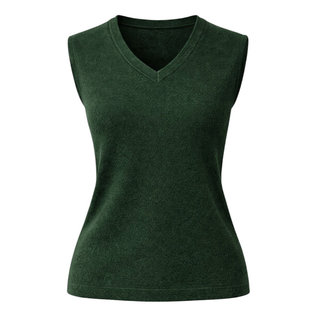Ladies Dark Green Sleeveless 100% Pure Cashmere V Neck Sweater by Kenmare Cashmere