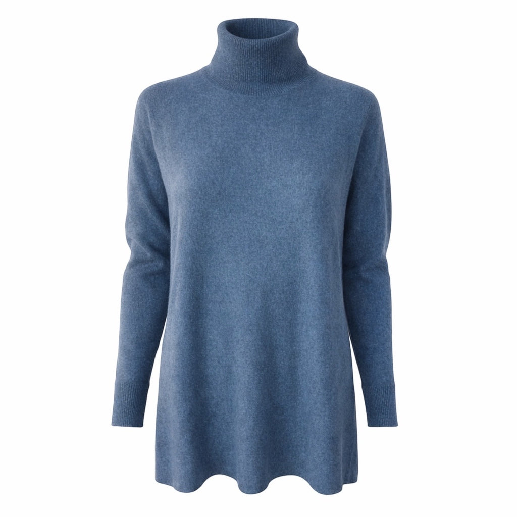 Steel Blue Roll Neck 100% Pure Cashmere Tunic with Side Slits by Kenmare Cashmere