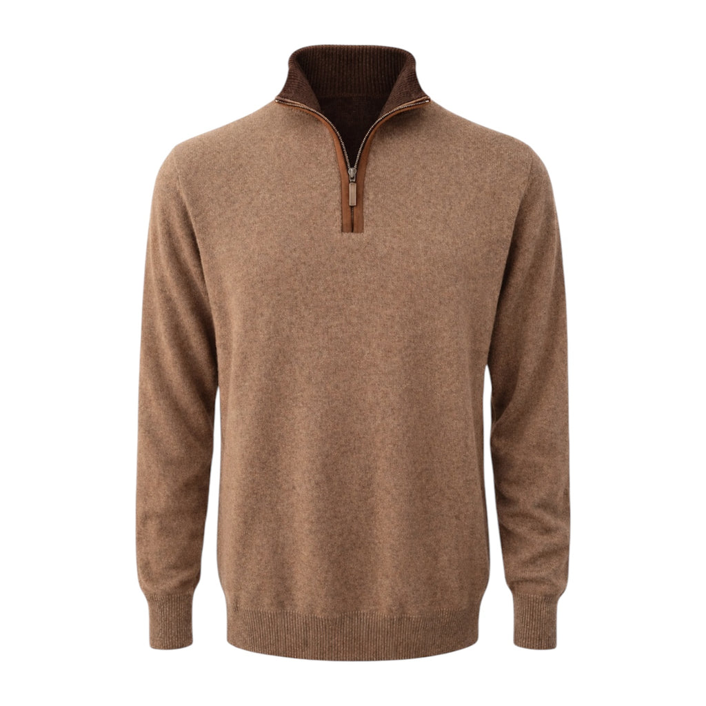 Light Brown 100% Pure Cashmere Half Zip Sweater with Leather Trim by Kenmare Cashmere