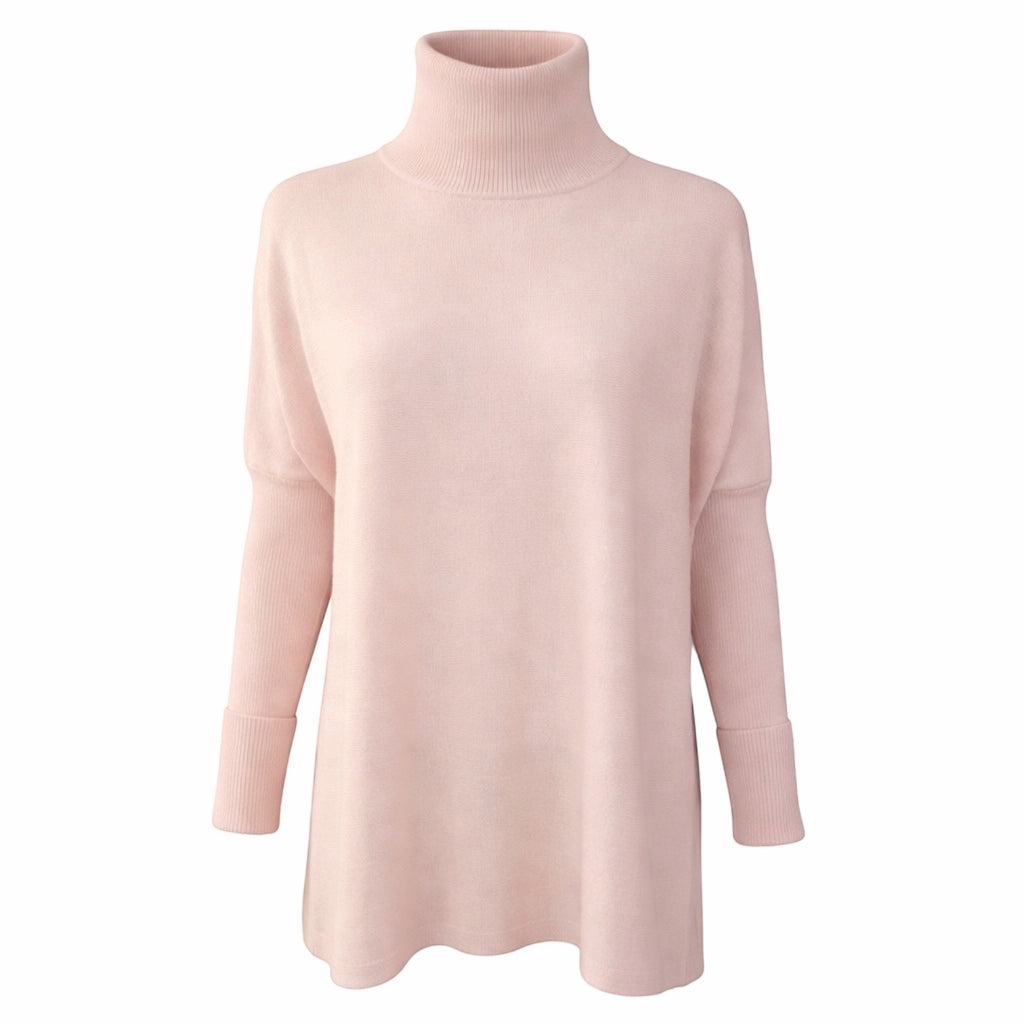 Soft Pink Roll Neck 100% Pure Cashmere Tunic with Side Slits by Kenmare Cashmere