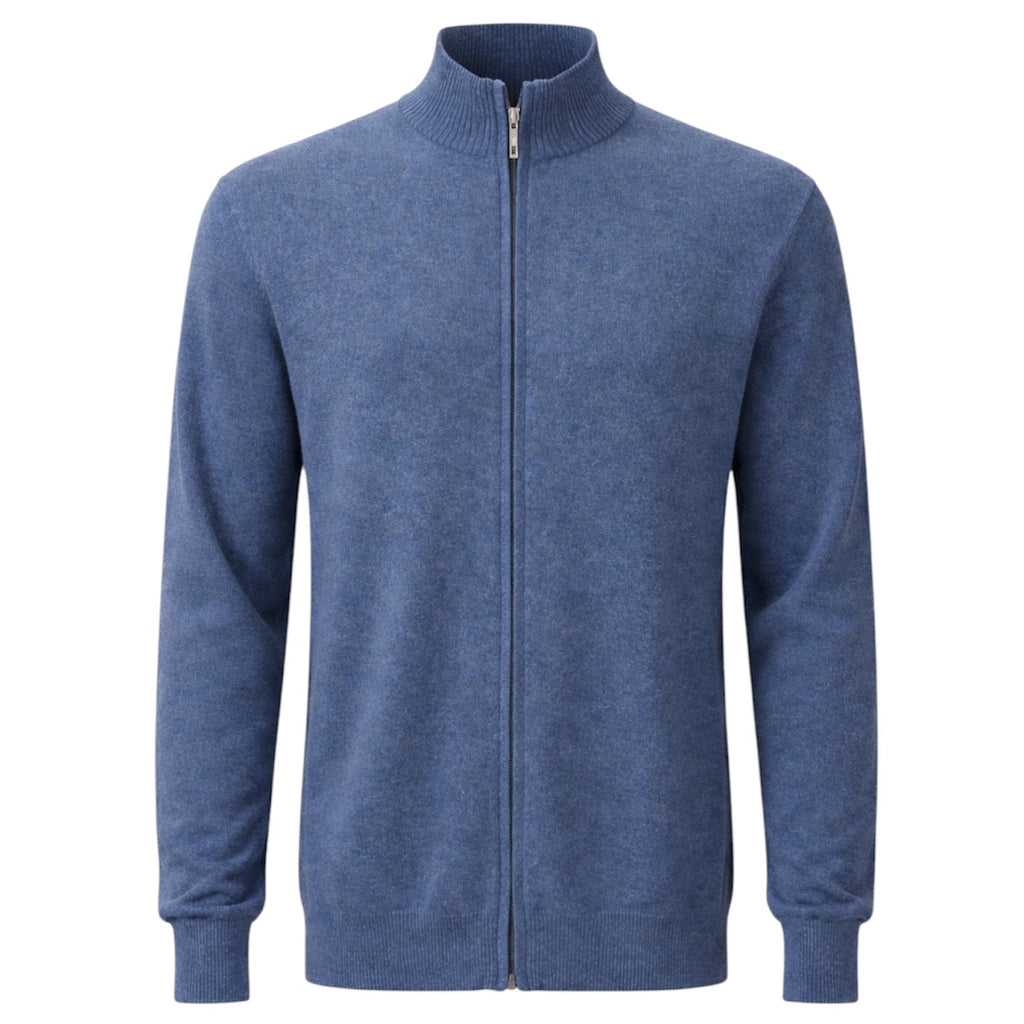Mens Denim Blue 100% Pure Cashmere Full Zip Cardigan with Ribbed Collar by Kenmare Cashmere