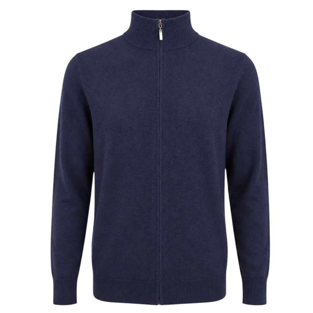 Mens Navy Blue 100% Pure Cashmere Full Zip Cardigan with Ribbed Collar by Kenmare Cashmere