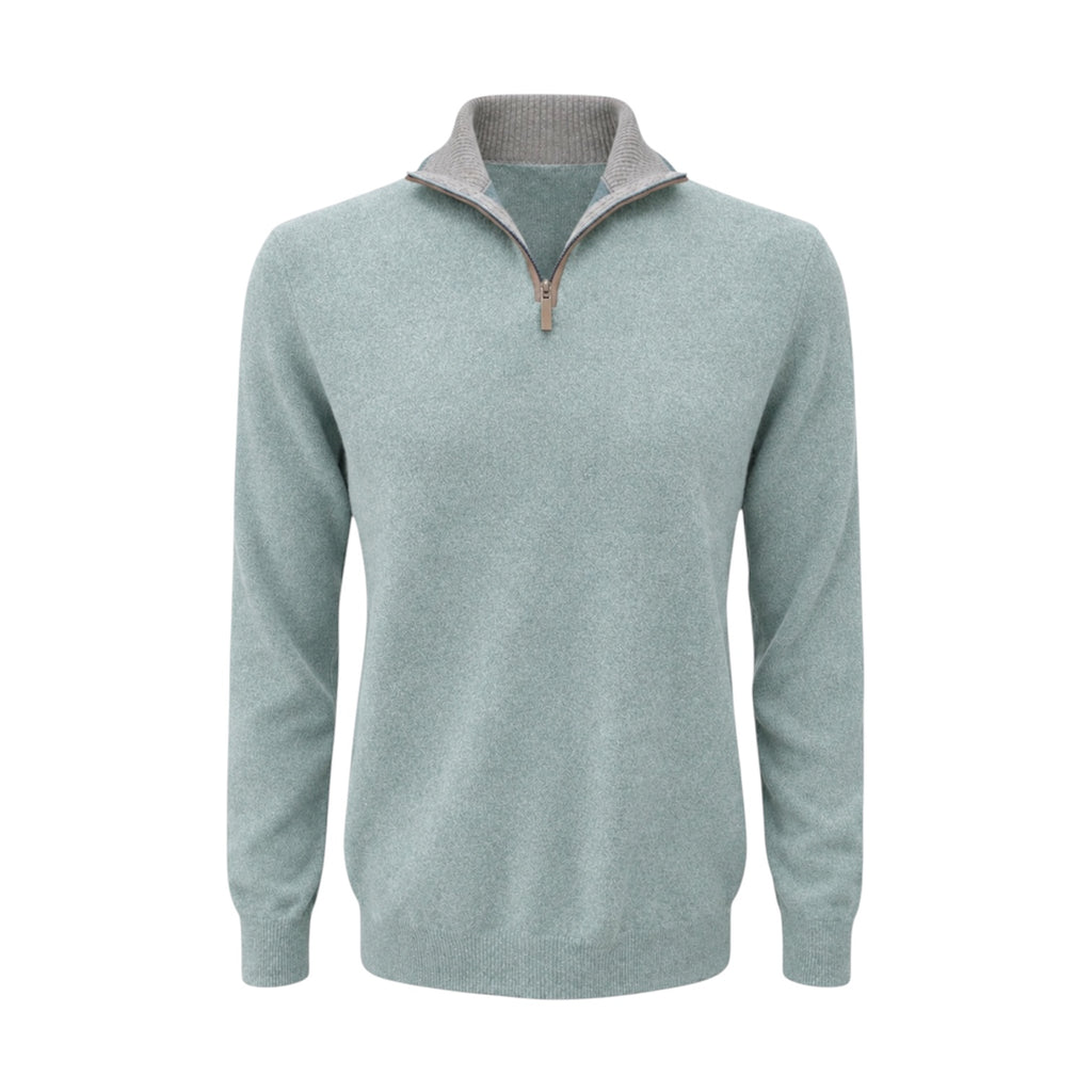 Mens Sea Green Half Zip Sweater with Leather Trim by Kenmare Cashmere
