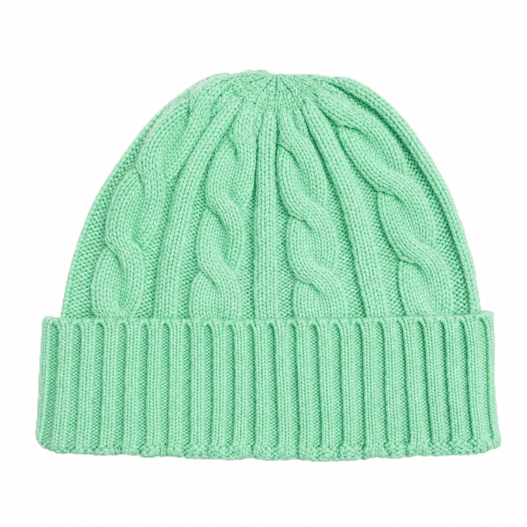 Mint Green 100% Pure Cashmere Cable Knit Beanie by Kenmare Cashmere