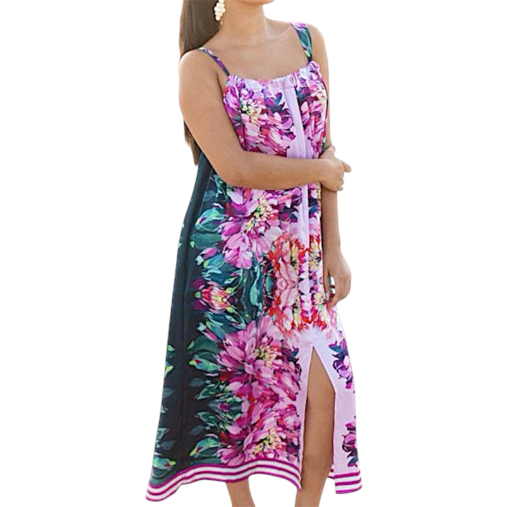 Floral Green and Pink 100% Silk Dress with front slit by Caroline Duffy