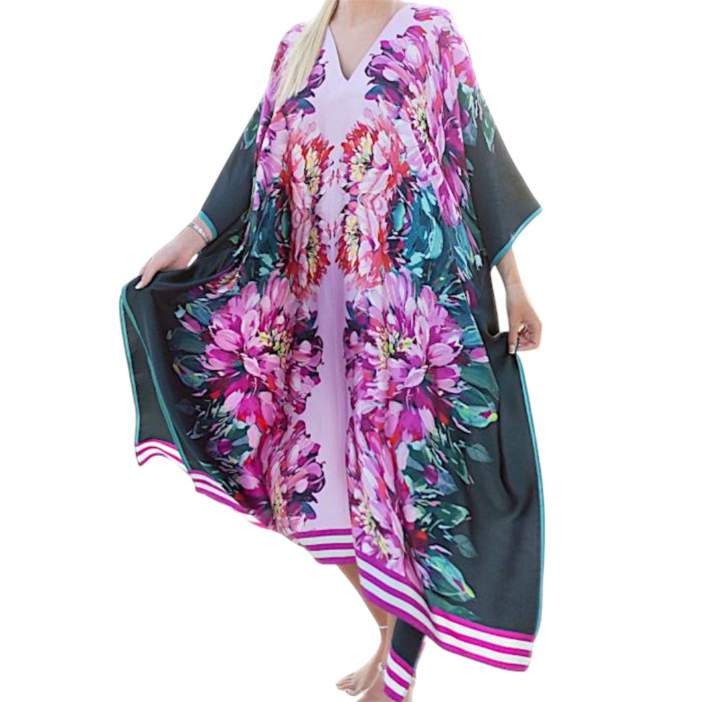 Deep Green and Vibrant Pink floral silk kaftan by Caroline Duffy