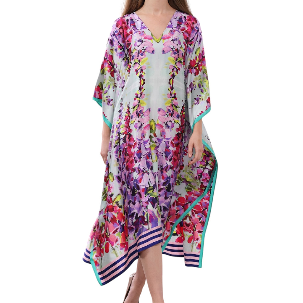 Pale Green and Vibrant Pink 100% Silk Kaftan with Striped Trim by Caroline Duffy