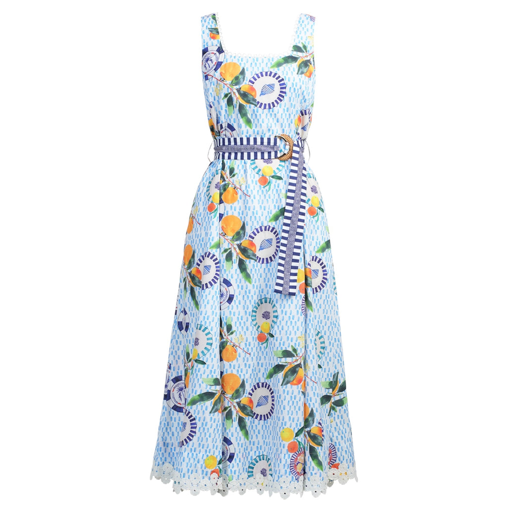 Colourful dress with nautical and fruit pattern and striped belt by Emily Lovelock